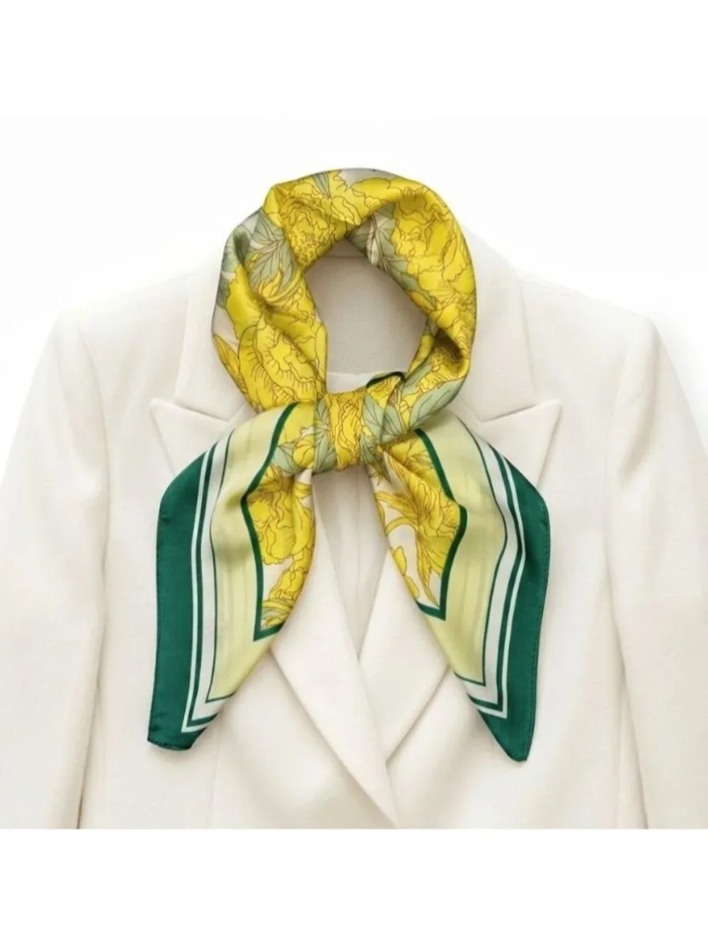 ✨Luxury Elegant Silky Square Scarf Yellow Green Peony Floral Garden Botanical